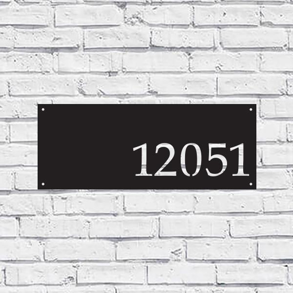 A sleek horizontal metal house address sign made of durable steel, featuring a modern design suitable for outdoor display.