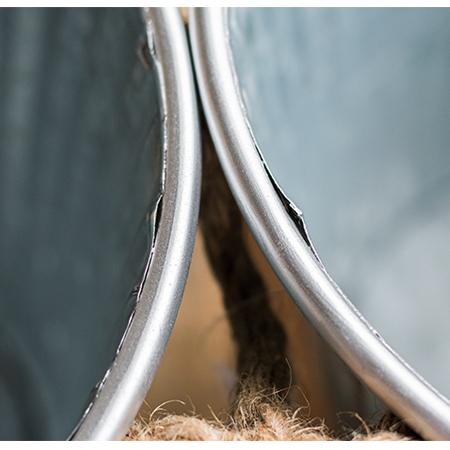 Set of three decorative metal pots with rope handles, featuring an antique paint finish in mixed green and gray colors.