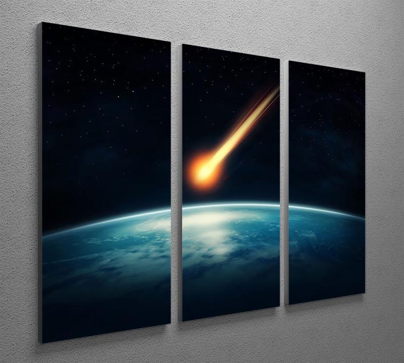 A stunning 3-panel canvas print depicting a meteor flying towards Earth, showcasing vibrant colors and dynamic design.