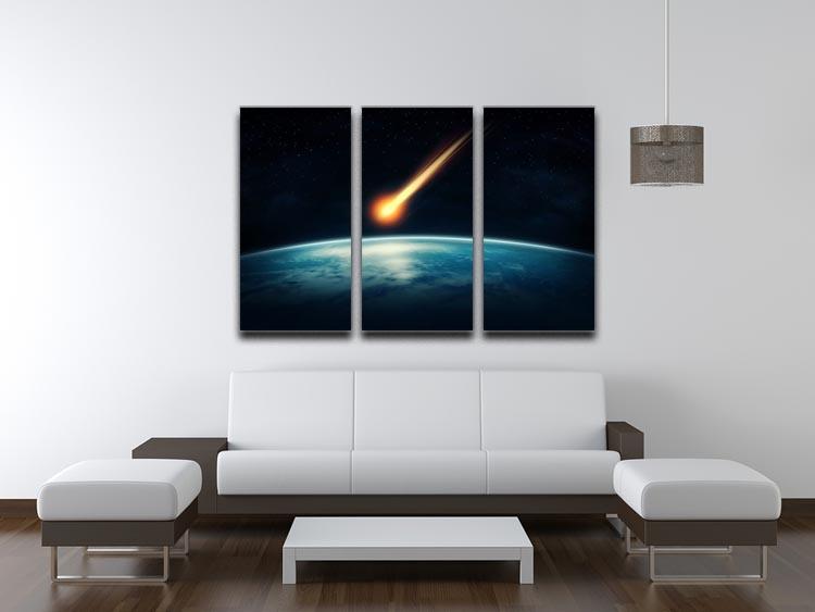A stunning 3-panel canvas print depicting a meteor flying towards Earth, showcasing vibrant colors and dynamic design.