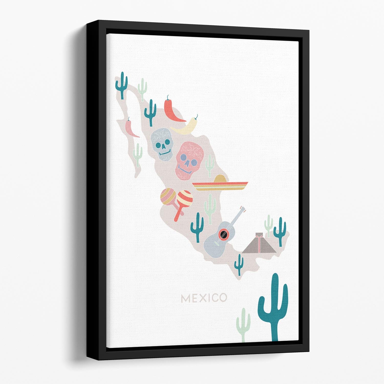 Vibrant Mexico map printed on a floating framed canvas, showcasing abstract art with colorful details.