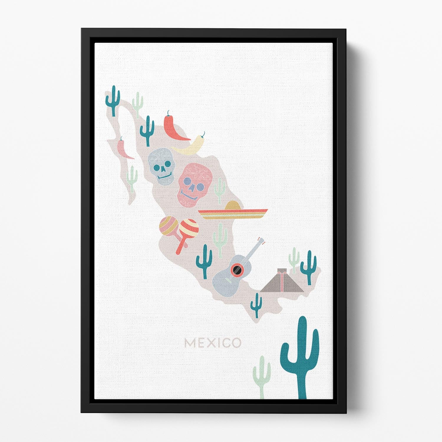 Vibrant Mexico map printed on a floating framed canvas, showcasing abstract art with colorful details.