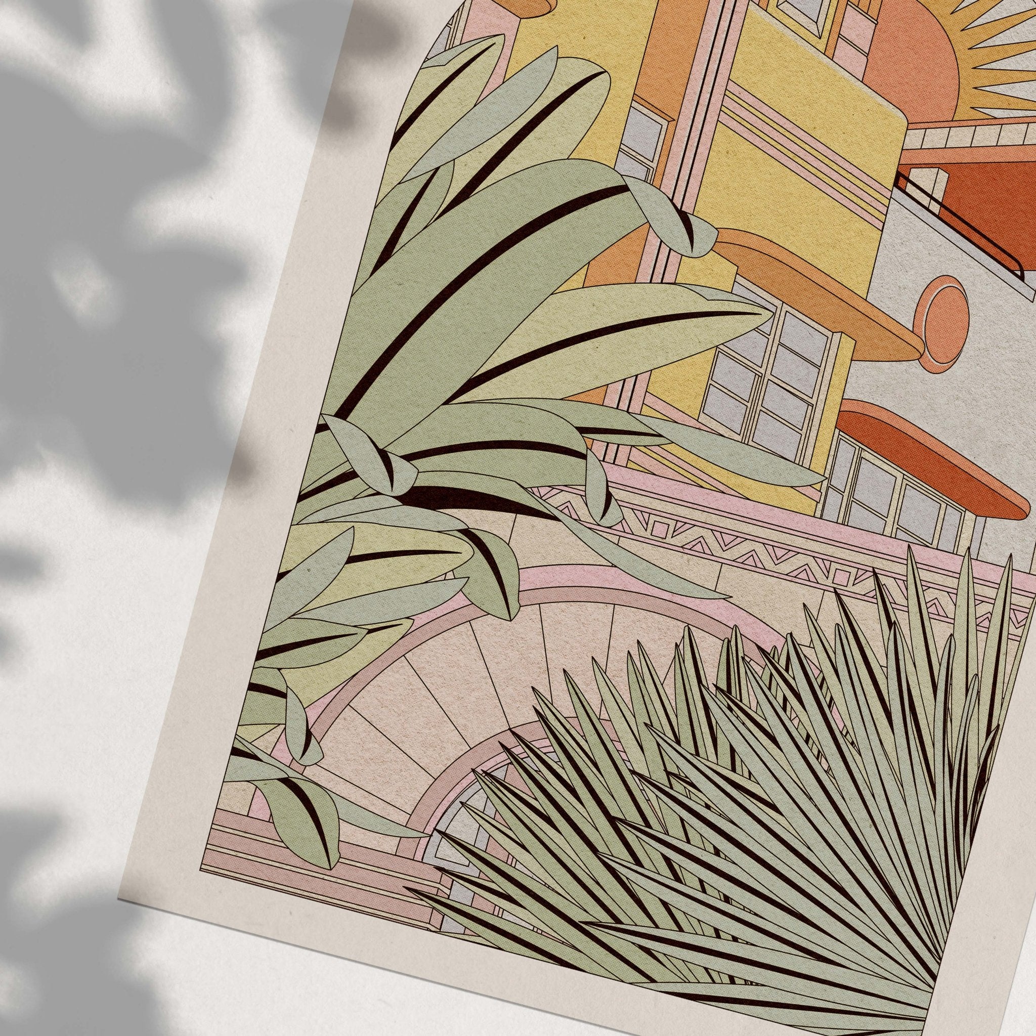 Vibrant Miami Art Print featuring Art Deco architecture and lush foliage, showcasing the essence of Miami's Ocean Drive.