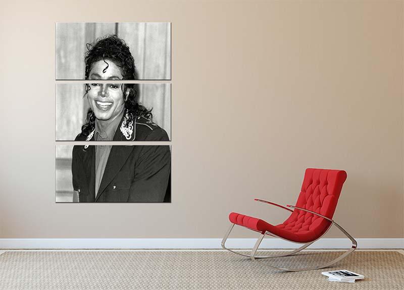 A vibrant 3-panel canvas print featuring Michael Jackson smiling, perfect for home decor.
