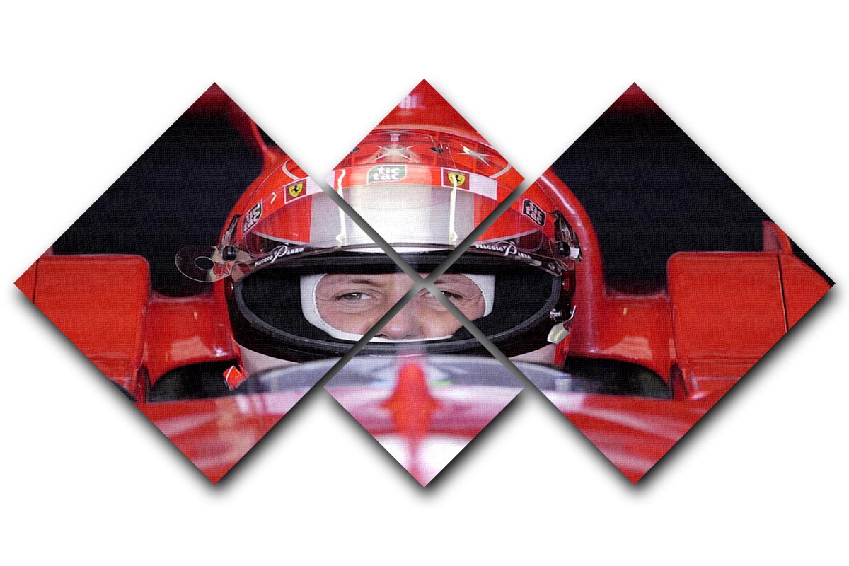 Michael Schumacher 2001 4 Square Multi Panel Canvas artwork featuring four equal panels showcasing a striking image of the racing legend.