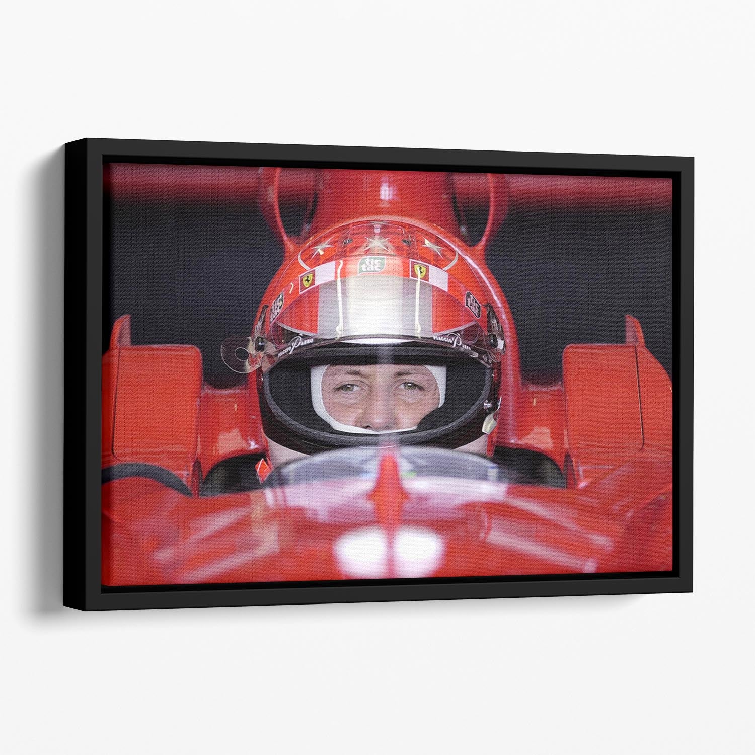 Michael Schumacher 2001 Floating Framed Canvas featuring vibrant abstract art in a handcrafted wooden frame.