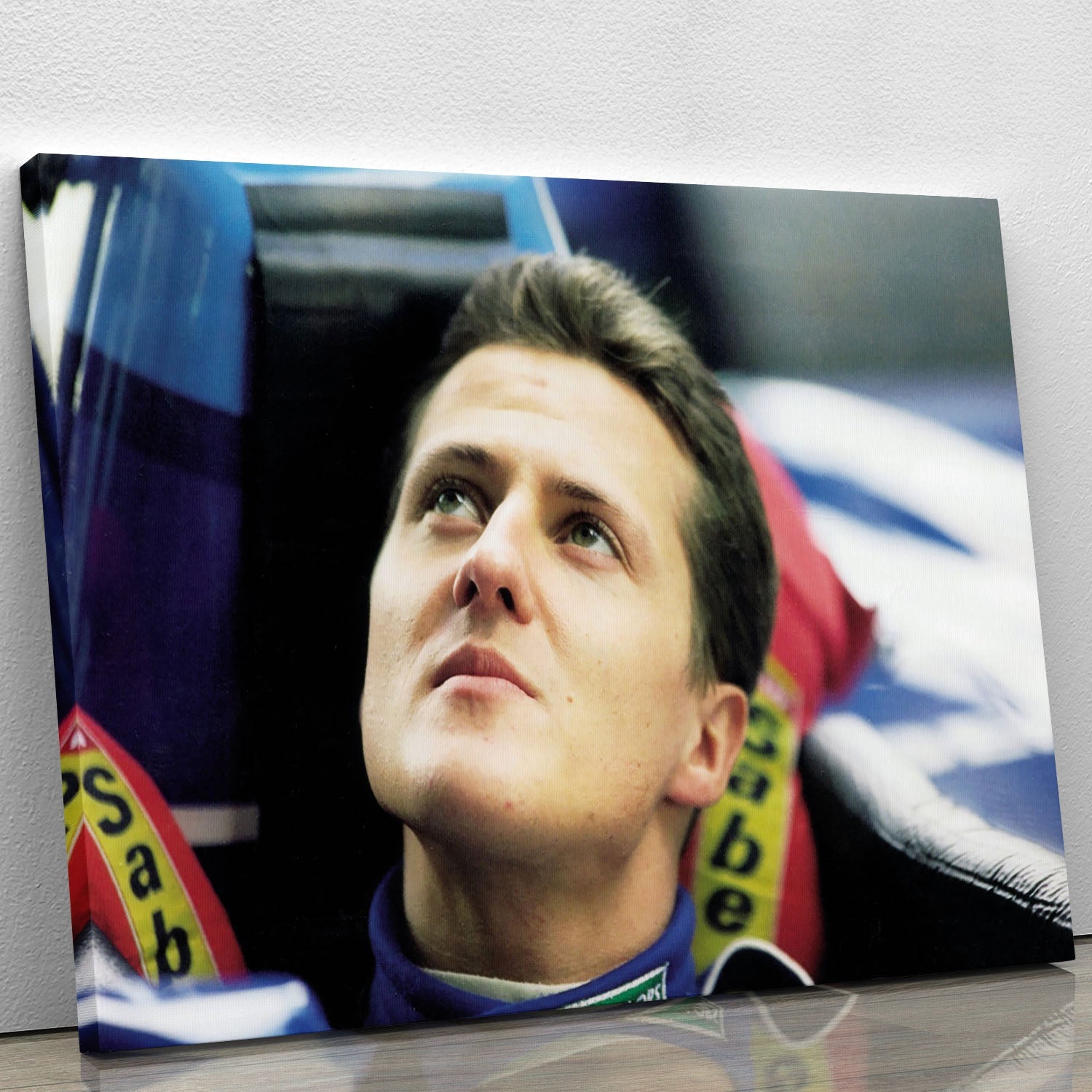 Canvas print or poster of Michael Schumacher in 1995, showcasing his iconic racing moment with vibrant colors and sharp details.