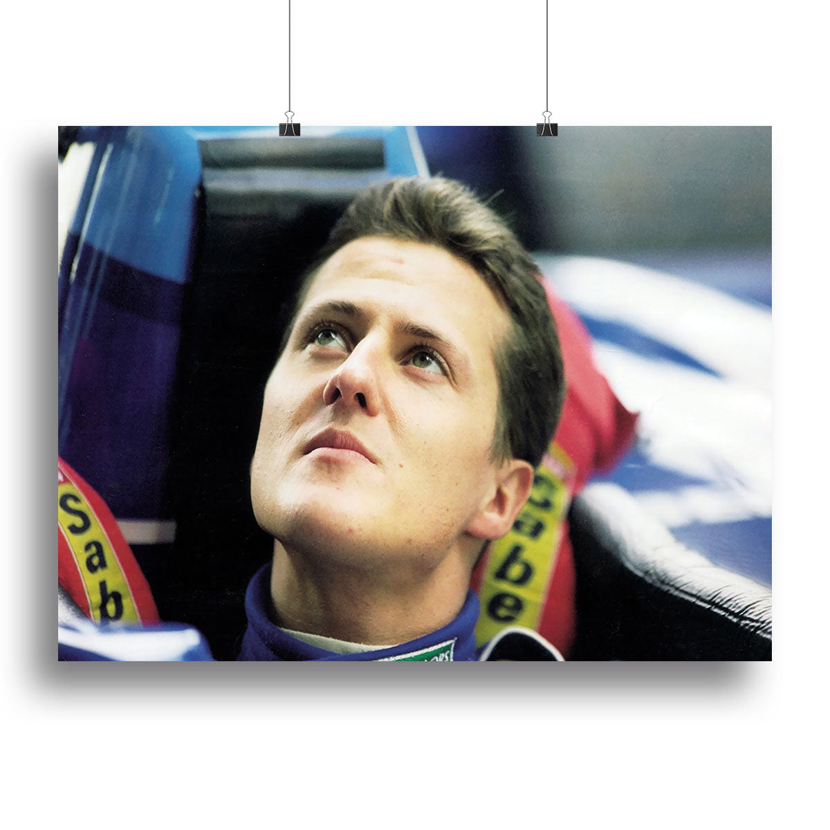 Canvas print or poster of Michael Schumacher in 1995, showcasing his iconic racing moment with vibrant colors and sharp details.