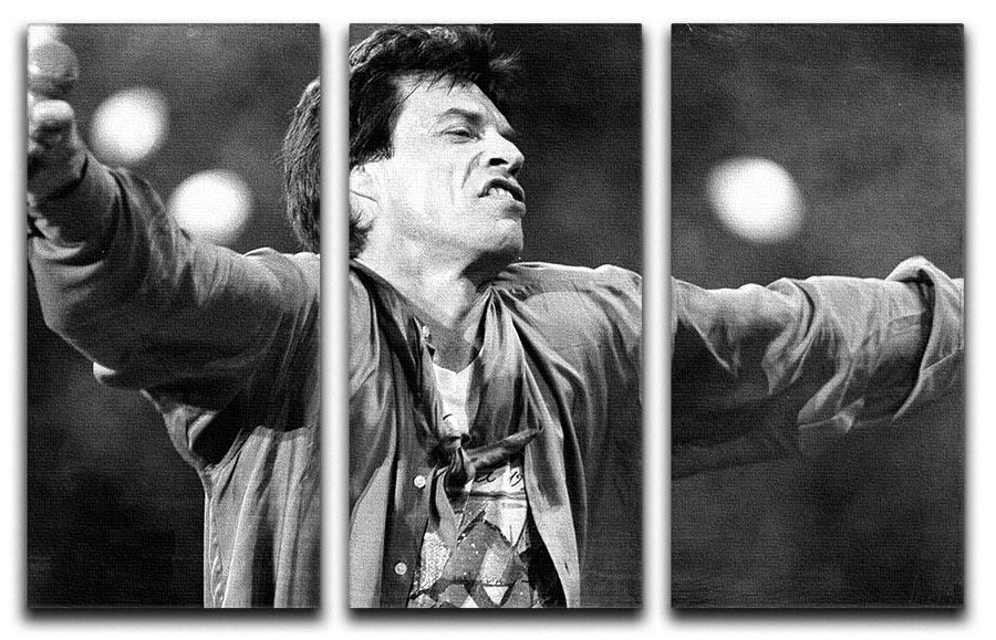 Mick Jagger arms up 3-panel canvas print showcasing vibrant colors and dynamic design, perfect for modern decor.