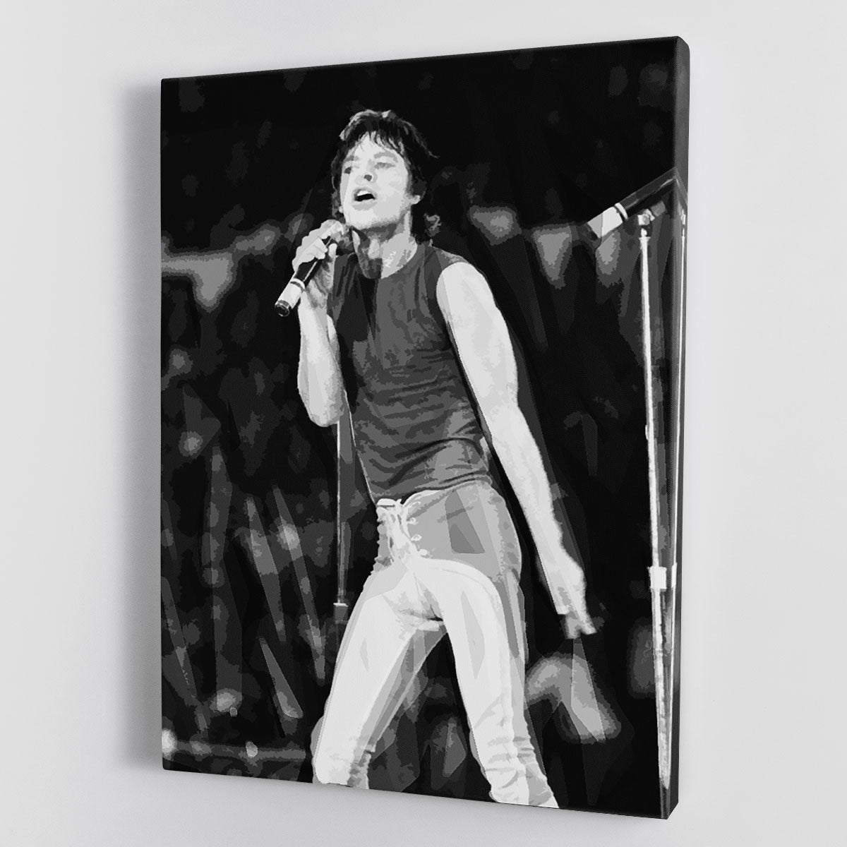 Mick Jagger performing at Wembley Stadium captured in a vibrant canvas print or poster, showcasing his iconic stage presence.