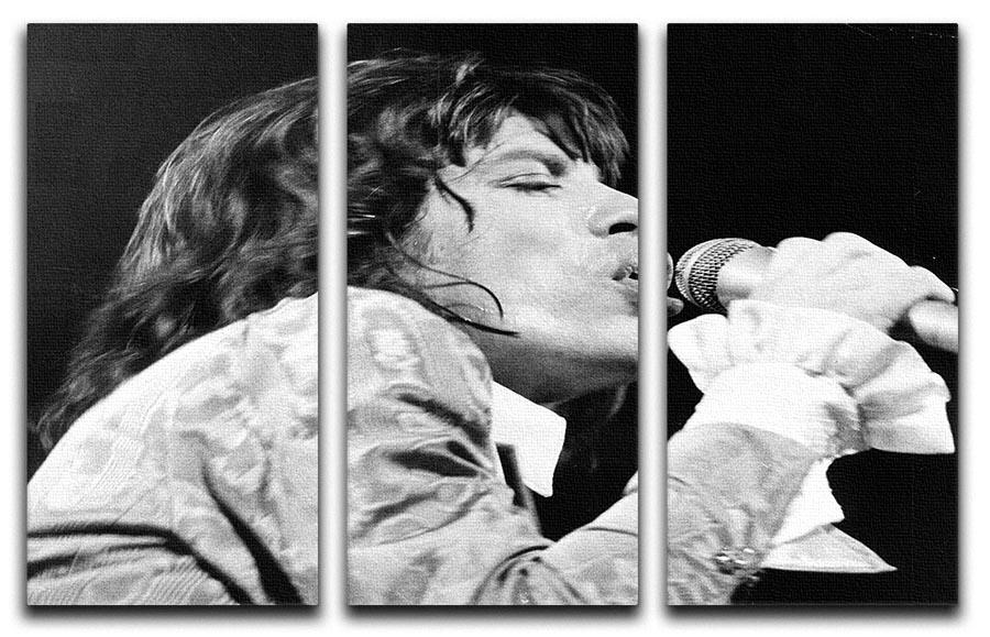 A striking 3-panel canvas print featuring Mick Jagger performing, showcasing vibrant colors and intricate details.