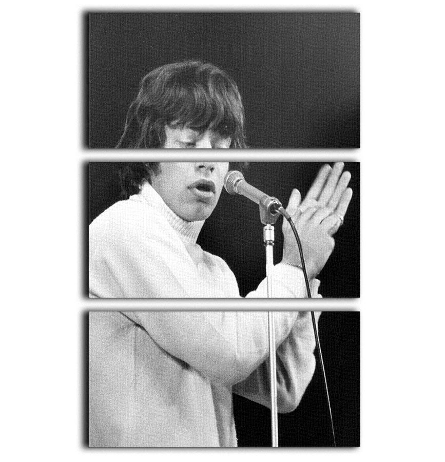 A stunning 3-panel canvas print featuring Mick Jagger performing on stage in 1965, showcasing vibrant colors and detailed imagery.
