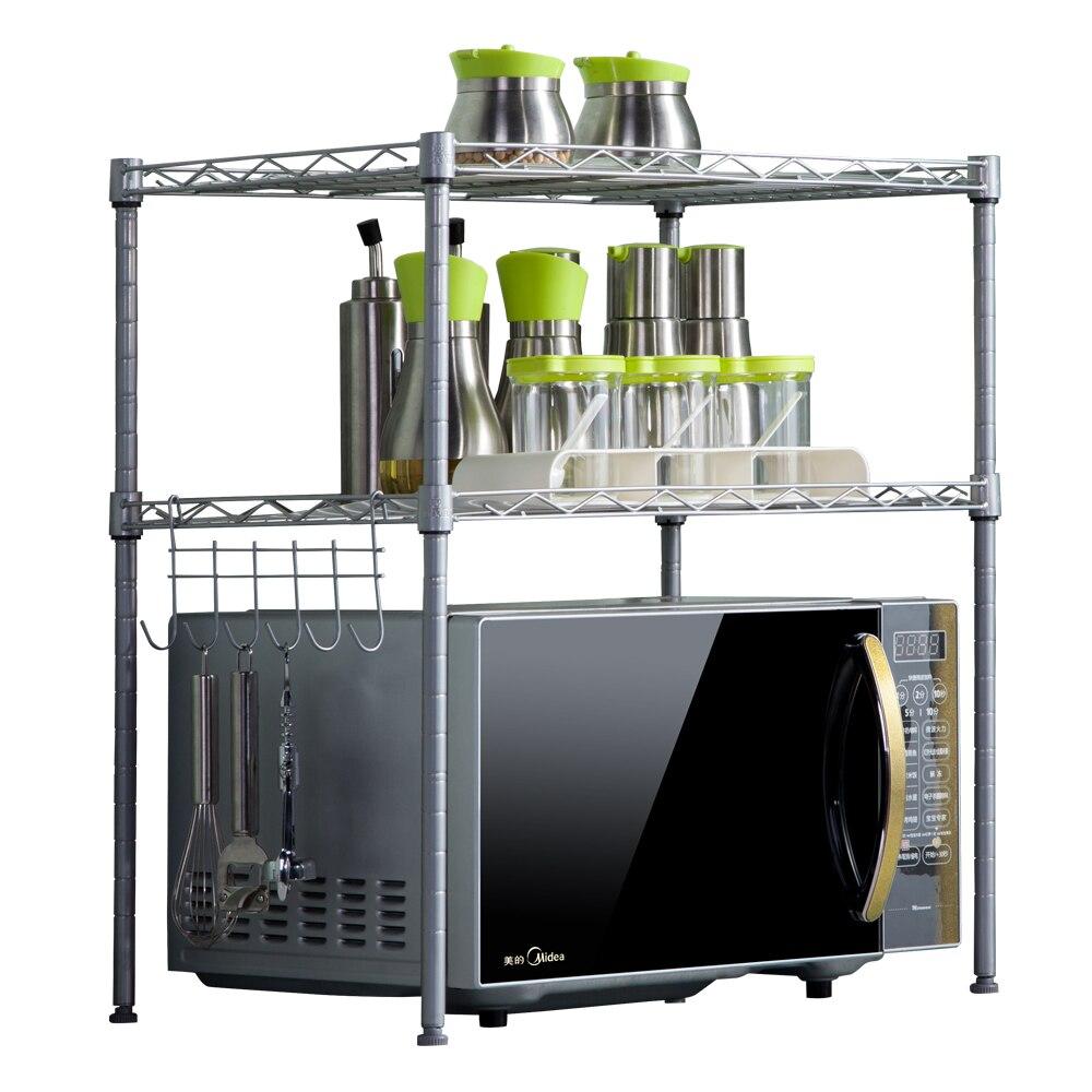 A sleek silver 2-tier microwave oven rack made of durable carbon steel, designed for kitchen and storage use.