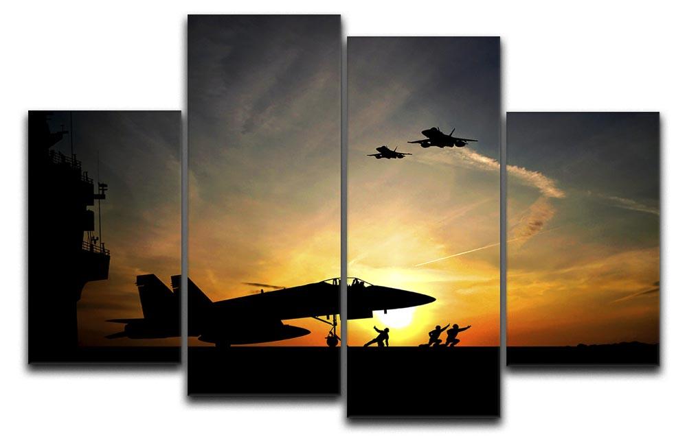 A stunning 4-split canvas artwork depicting military aircraft before take-off, showcasing dynamic design and vibrant colors.