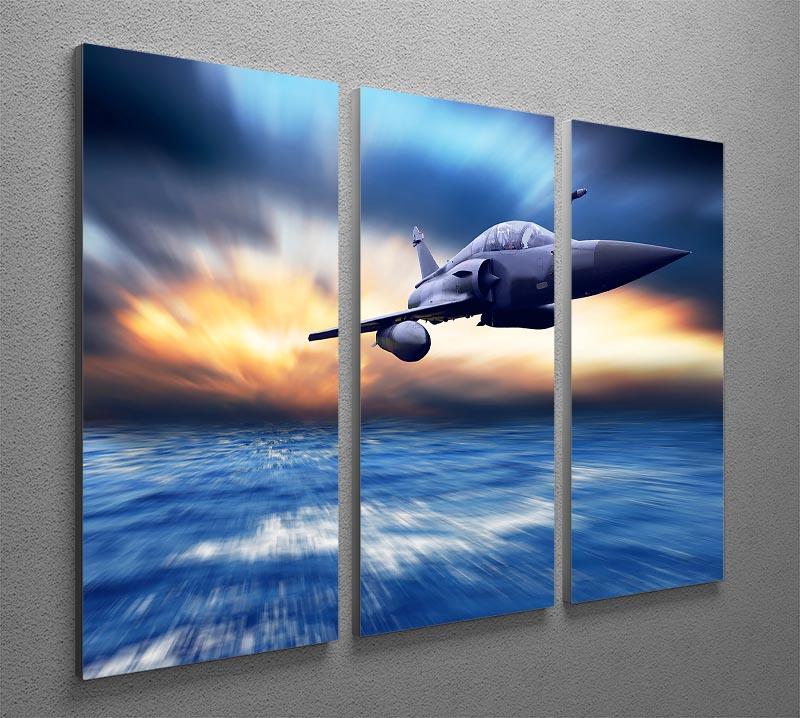 A striking 3-panel canvas print featuring a military airplane in flight, showcasing vibrant colors and intricate details.