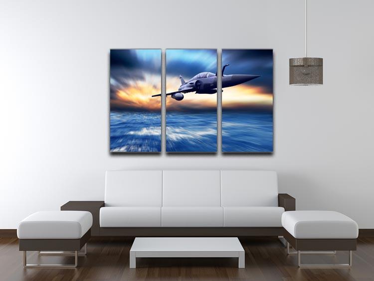 A striking 3-panel canvas print featuring a military airplane in flight, showcasing vibrant colors and intricate details.