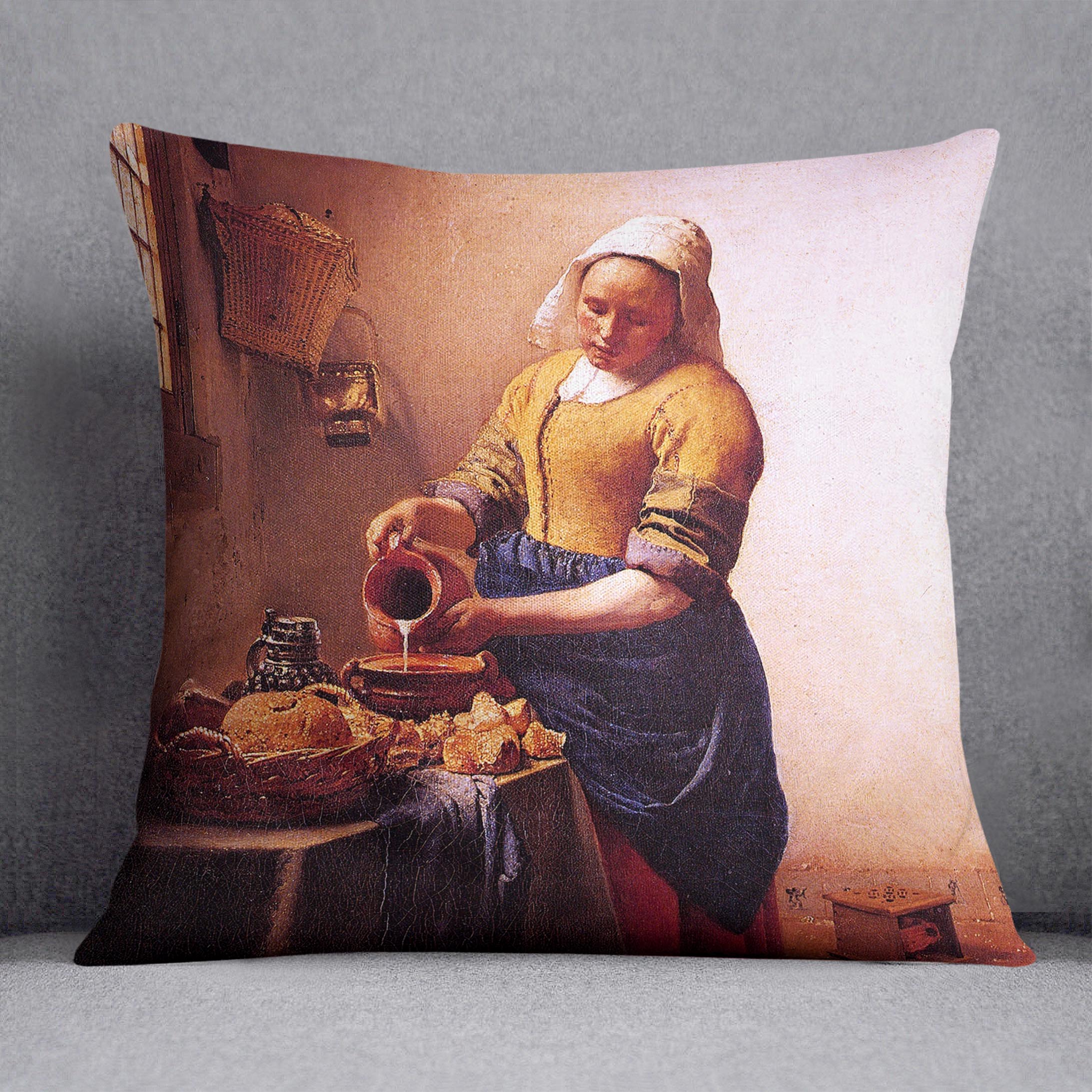 Milk Maid by Vermeer Cushion featuring vibrant abstract design on luxurious vegan faux suede, perfect for home decor.