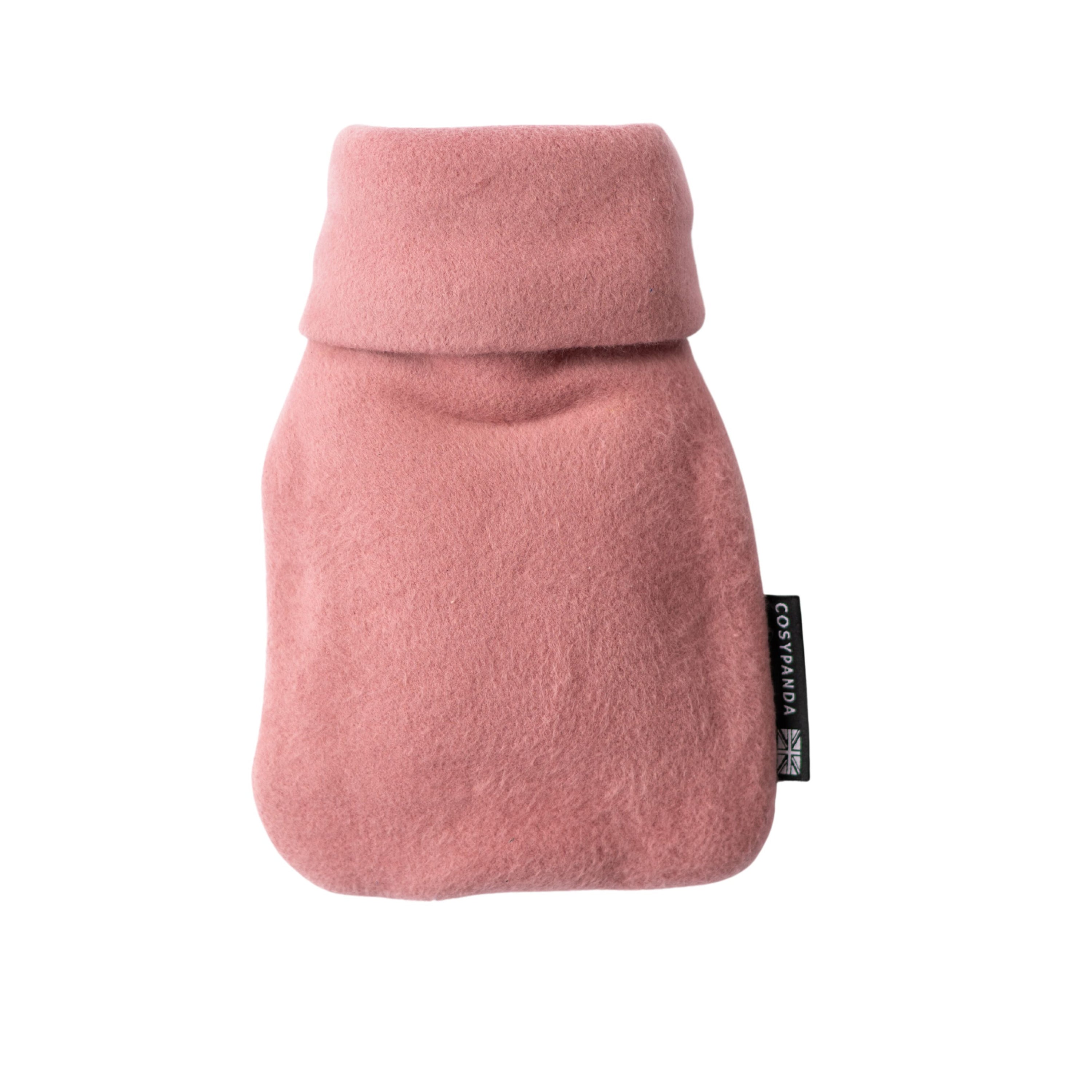 Mini Pink Organic Cotton Hot Water Bottle with a soft organic cotton cover, perfect for soothing warmth and comfort.