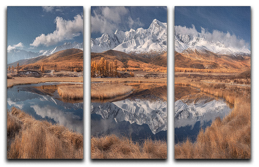 A beautiful 3-panel canvas print featuring a mountain landscape, enhancing interior decor with elegance.