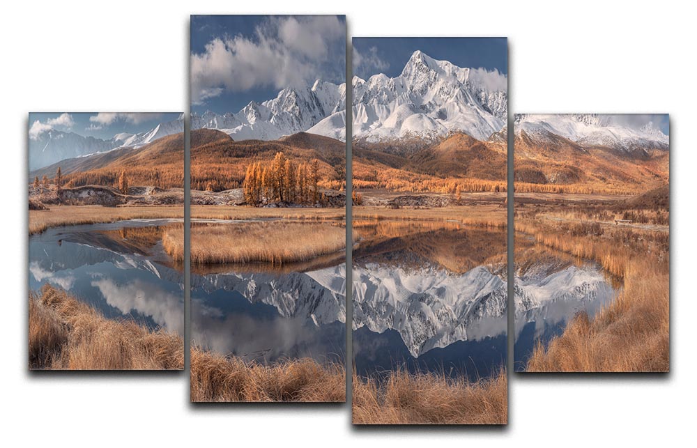 A beautiful 4-split canvas artwork depicting serene mountains, showcasing vibrant colors and intricate details across four panels.