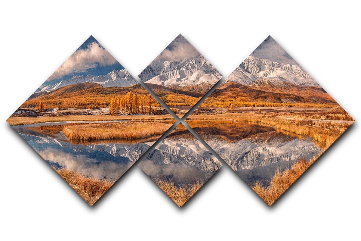 A beautiful 4-square multi panel canvas featuring a serene mountain landscape, showcasing vibrant colors and intricate details.