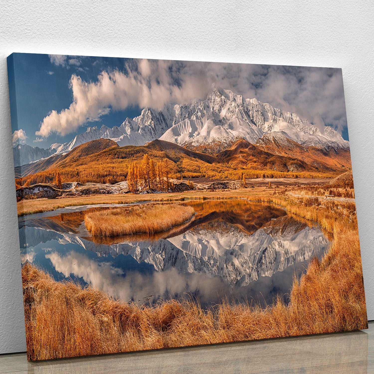 A beautiful canvas print featuring a serene mountain landscape, showcasing vibrant colors and intricate details, perfect for home or office decor.