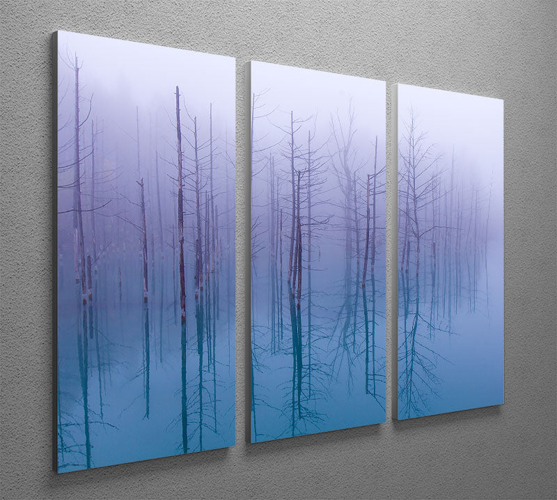 Misty Blue Pond 3 Split Panel Canvas Print showcasing serene blue water and lush greenery, perfect for home decor.