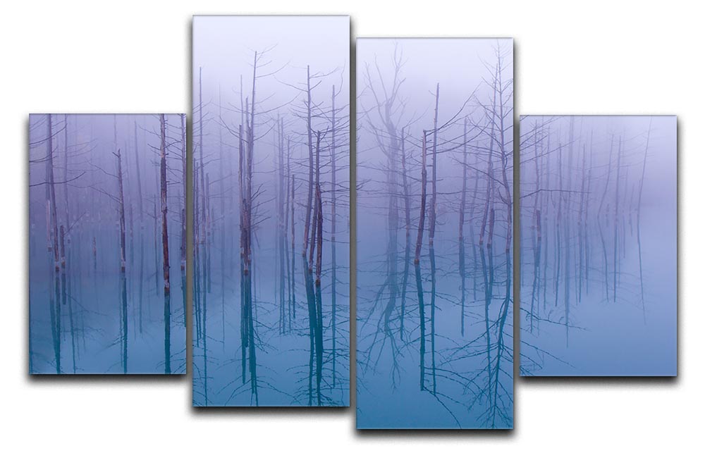 Misty Blue Pond 4 Split Panel Canvas artwork featuring serene blue tones and a tranquil pond scene divided into four panels.