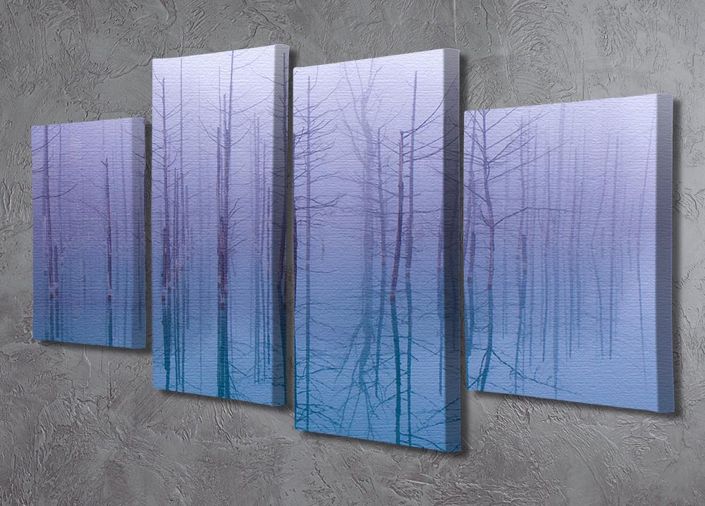 Misty Blue Pond 4 Split Panel Canvas artwork featuring serene blue tones and a tranquil pond scene divided into four panels.