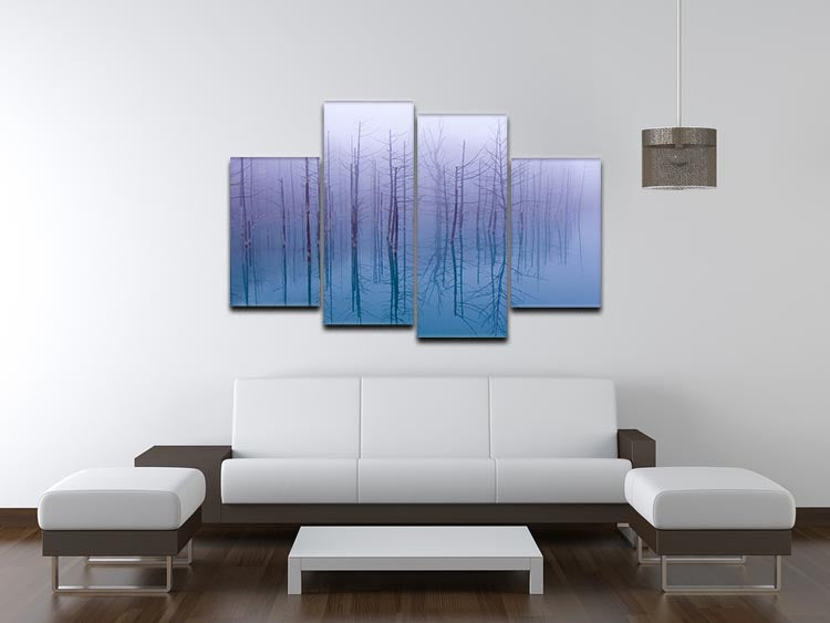 Misty Blue Pond 4 Split Panel Canvas artwork featuring serene blue tones and a tranquil pond scene divided into four panels.