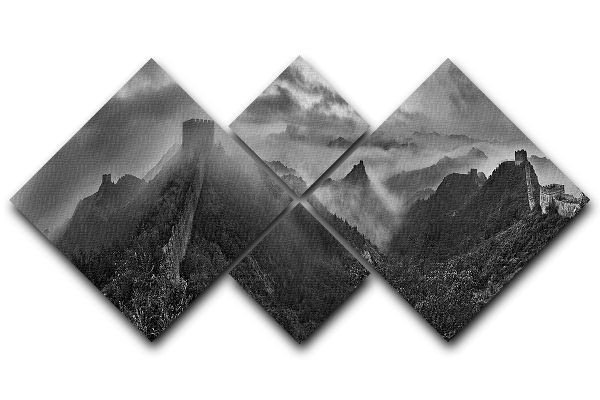 A beautiful multi-panel canvas artwork depicting the Great Wall of China in a misty morning setting, divided into four equal square sections.