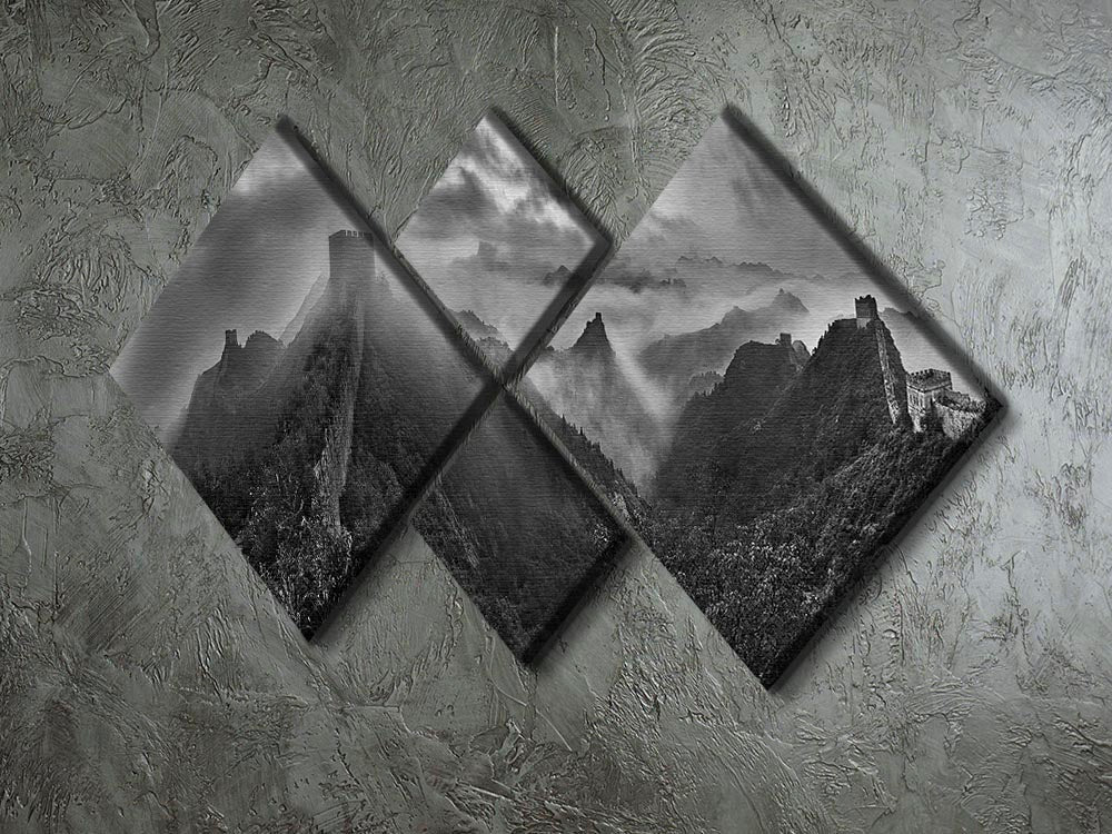A beautiful multi-panel canvas artwork depicting the Great Wall of China in a misty morning setting, divided into four equal square sections.