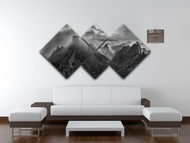 A beautiful multi-panel canvas artwork depicting the Great Wall of China in a misty morning setting, divided into four equal square sections.