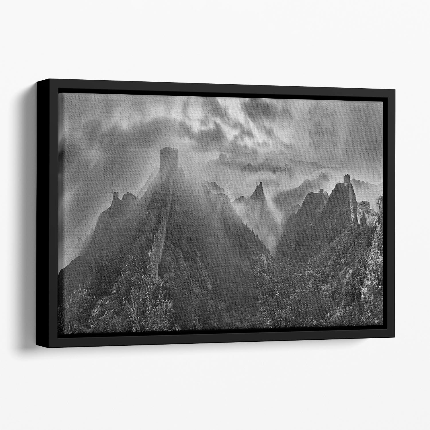 Misty Morning At Great Wall Floating Framed Canvas showcasing vibrant abstract colors in a handcrafted wooden frame.