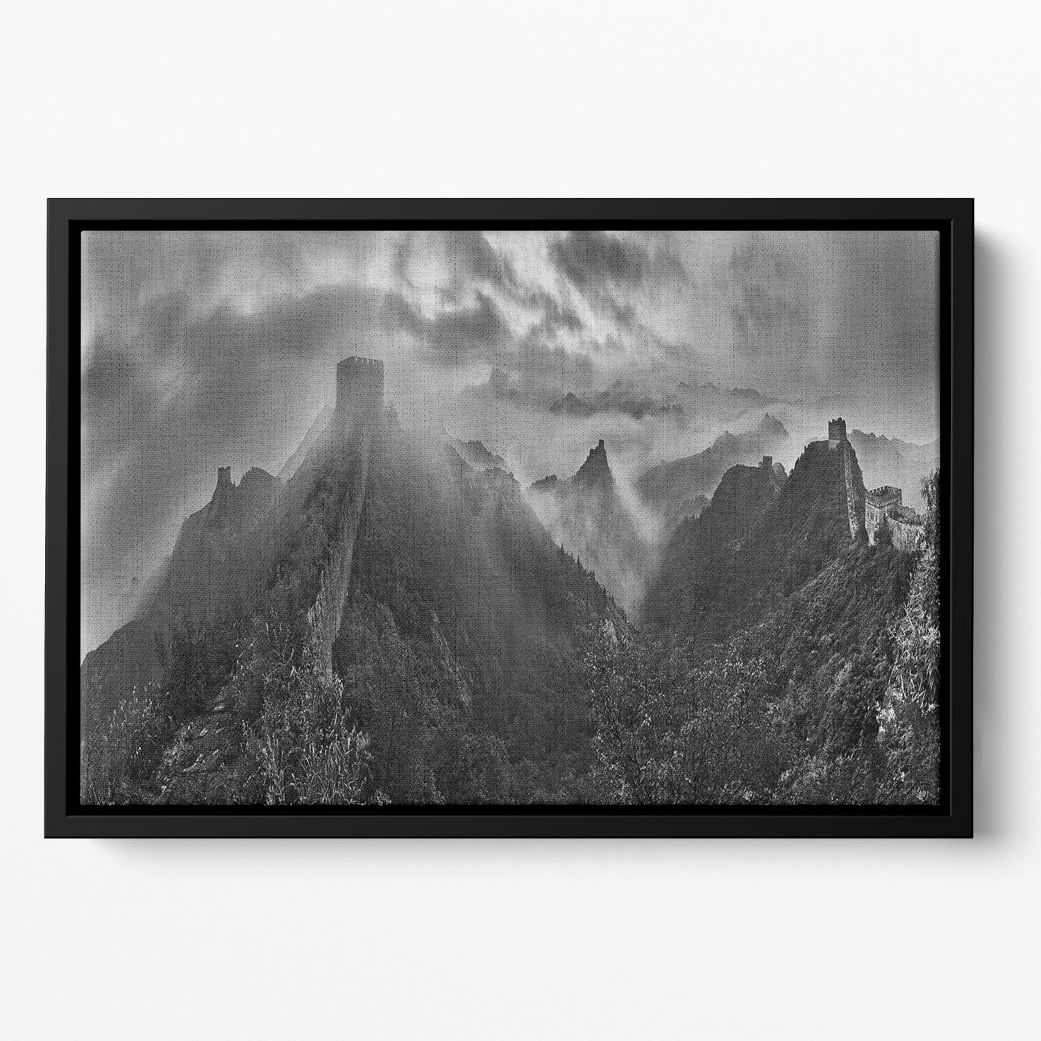 Misty Morning At Great Wall Floating Framed Canvas showcasing vibrant abstract colors in a handcrafted wooden frame.