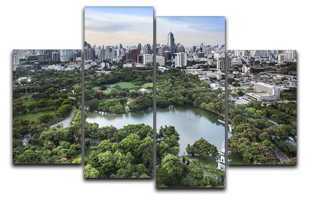 A modern cityscape artwork divided into four panels, showcasing vibrant urban and green nature elements.