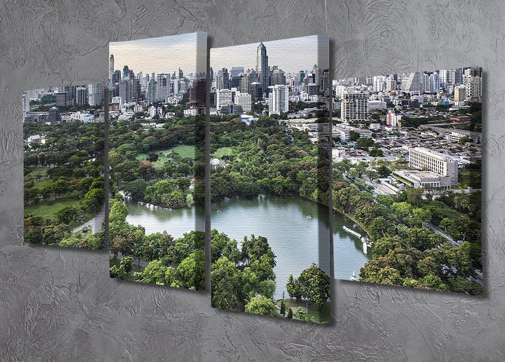 A modern cityscape artwork divided into four panels, showcasing vibrant urban and green nature elements.