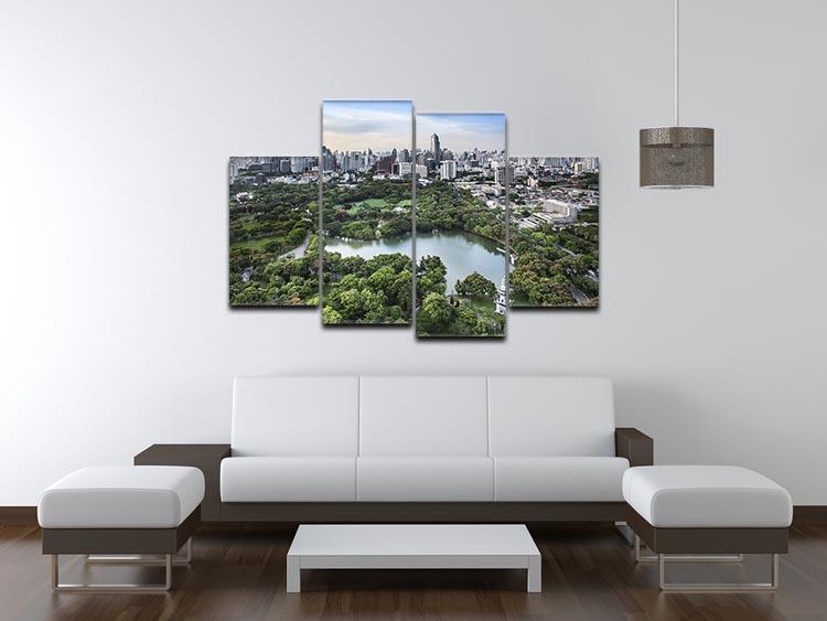A modern cityscape artwork divided into four panels, showcasing vibrant urban and green nature elements.