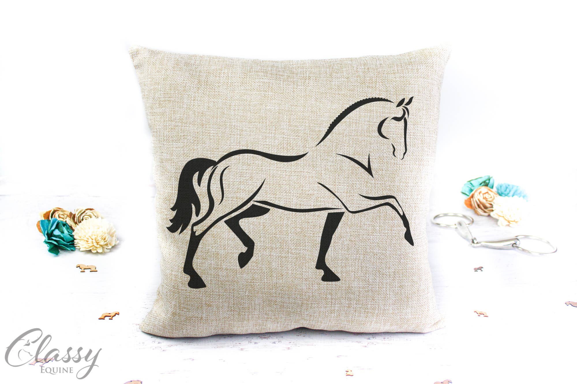 Modern dressage horse throw pillow cover featuring an elegant horse design on a soft polyester linen fabric, perfect for equestrian home decor.