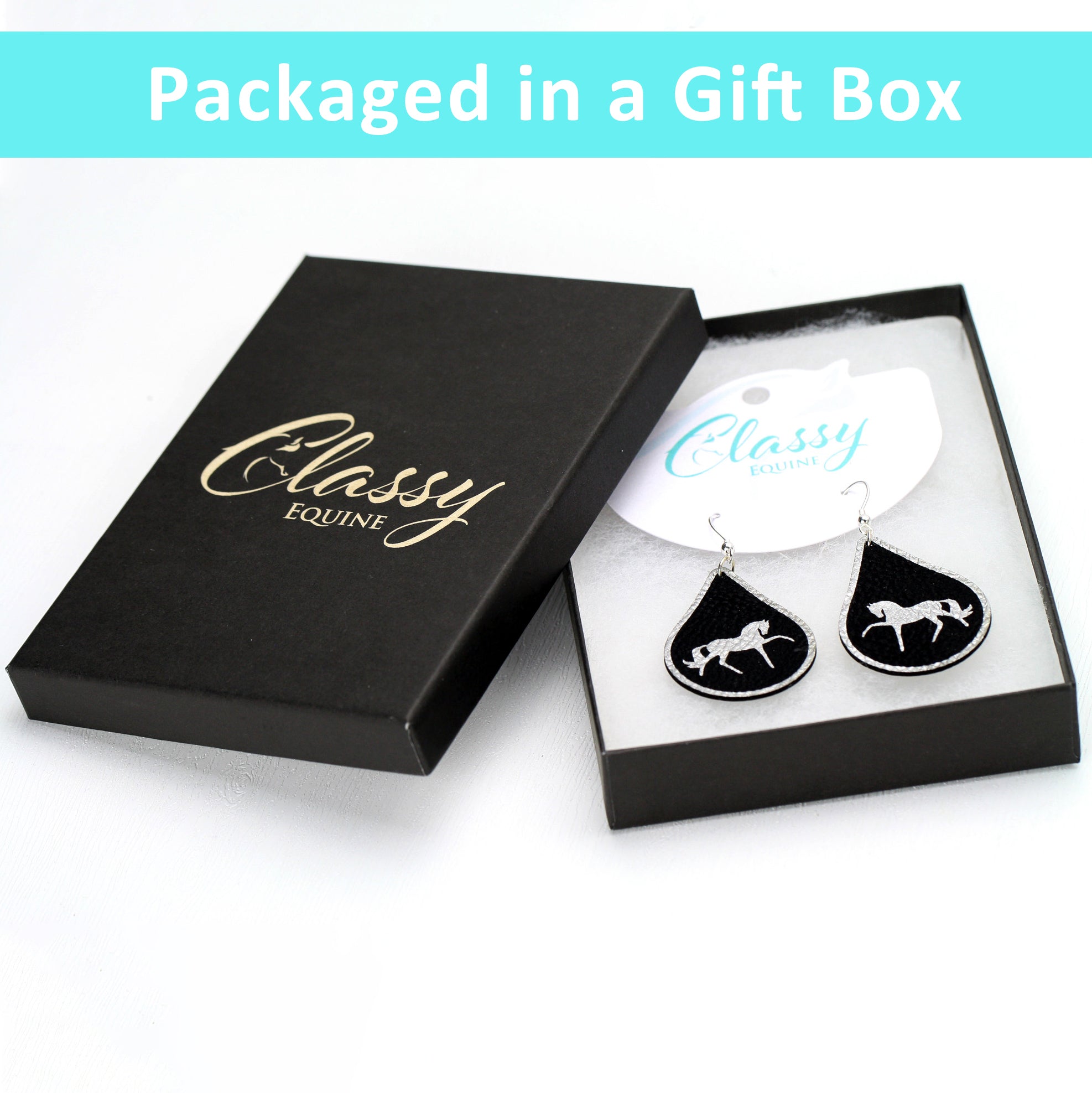 Modern Horse Teardrop Dangle Earrings in multiple colors, featuring lightweight faux leather and sterling silver accents.