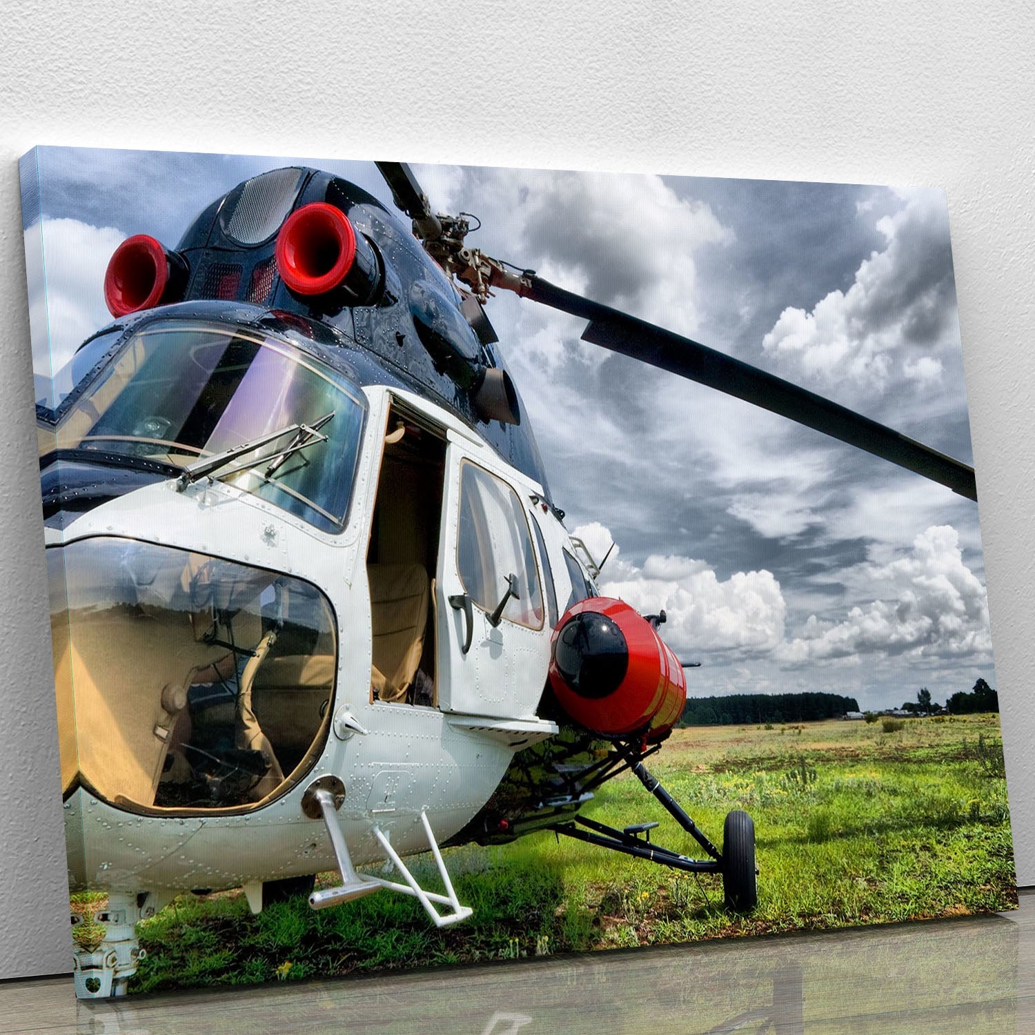 Modern light helicopter canvas print showcasing sleek design and vibrant colors, perfect for home or office decor.