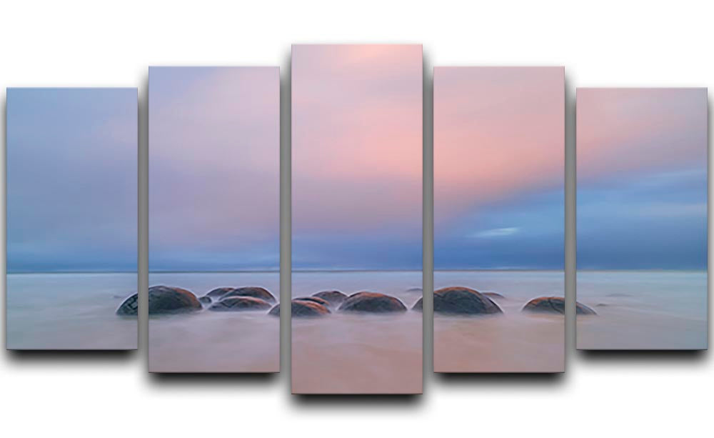 Moeraki Boulders 5 Split Panel Canvas artwork showcasing stunning natural boulders in a dynamic five-panel arrangement.