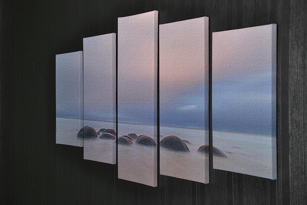 Moeraki Boulders 5 Split Panel Canvas artwork showcasing stunning natural boulders in a dynamic five-panel arrangement.