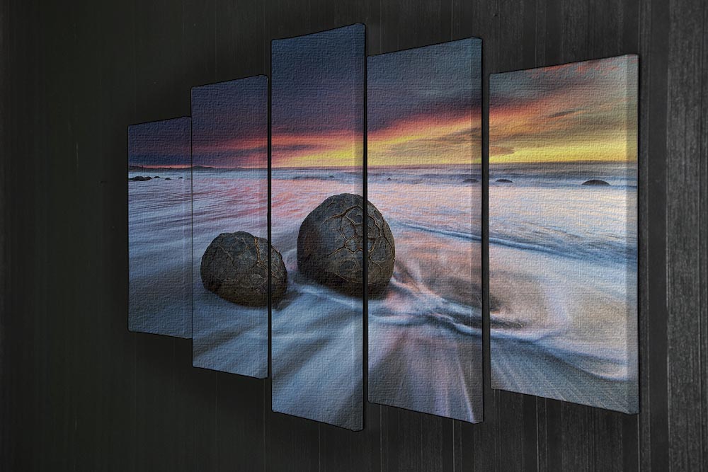 Moeraki Boulders 5 Split Panel Canvas artwork showcasing stunning natural boulders in a dynamic five-panel arrangement.