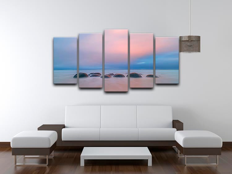 Moeraki Boulders 5 Split Panel Canvas artwork showcasing stunning natural boulders in a dynamic five-panel arrangement.