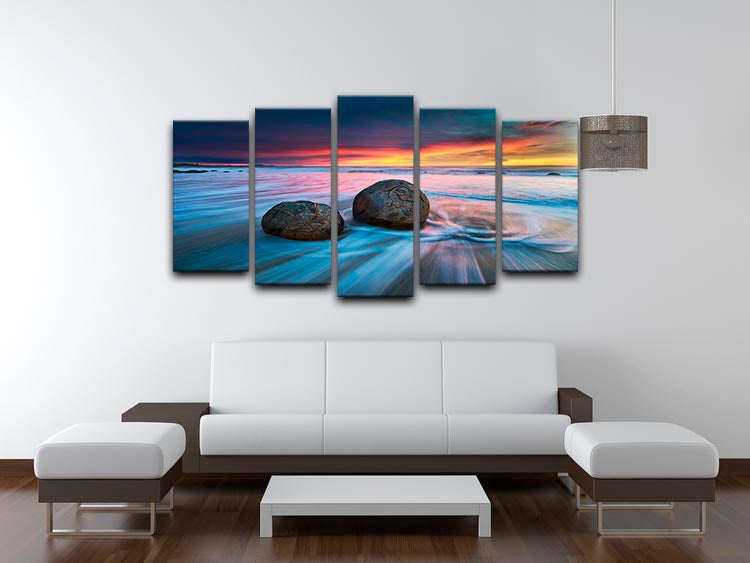 Moeraki Boulders 5 Split Panel Canvas artwork showcasing stunning natural boulders in a dynamic five-panel arrangement.