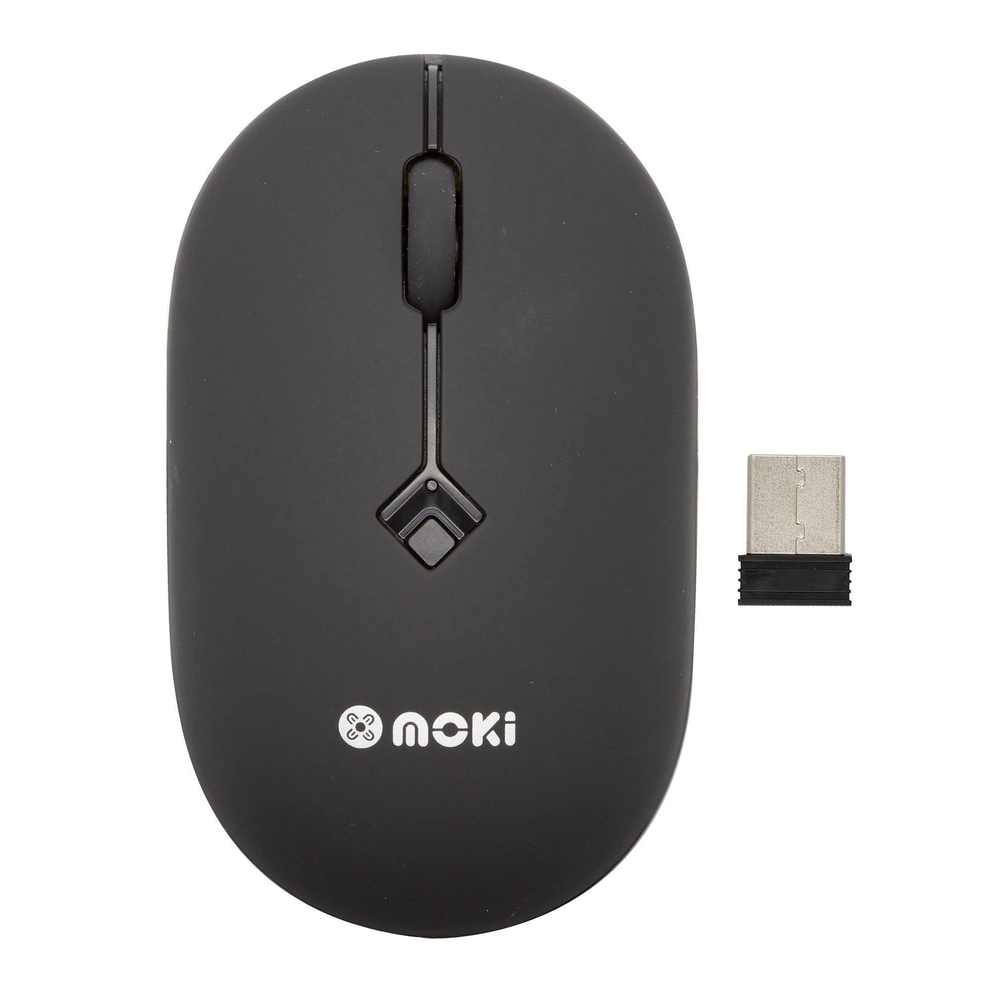 Moki Mouse Wireless Optical with 2.4GHZ Nano Receiver, ergonomic design, and USB-A connectivity.
