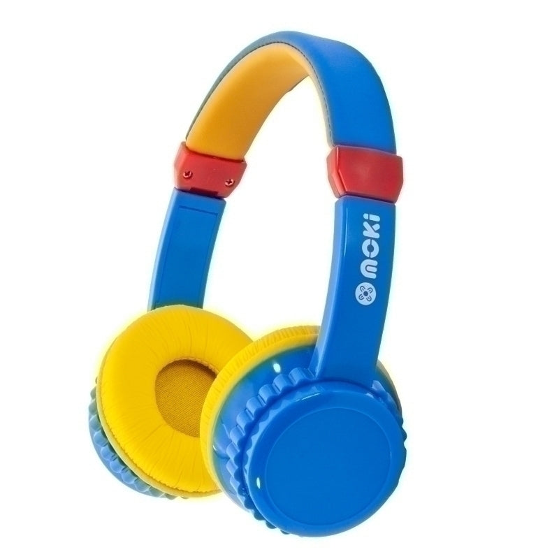 MOKI Play Safe Headphones in blue and yellow, designed for kids with a volume limit of 85dB, featuring wireless Bluetooth and wired connectivity.