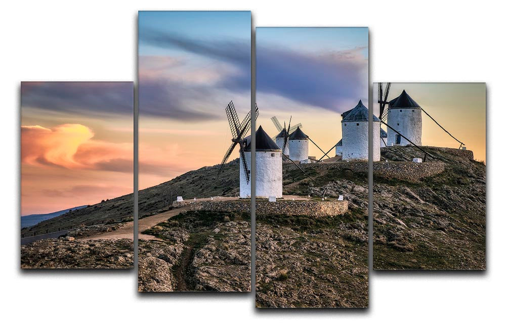Molinos Al Viento 4 Split Panel Canvas showcasing a vibrant windmill scene divided into four equal sections.