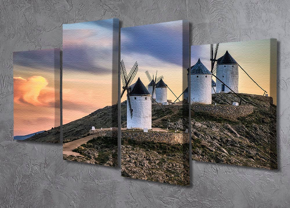 Molinos Al Viento 4 Split Panel Canvas showcasing a vibrant windmill scene divided into four equal sections.